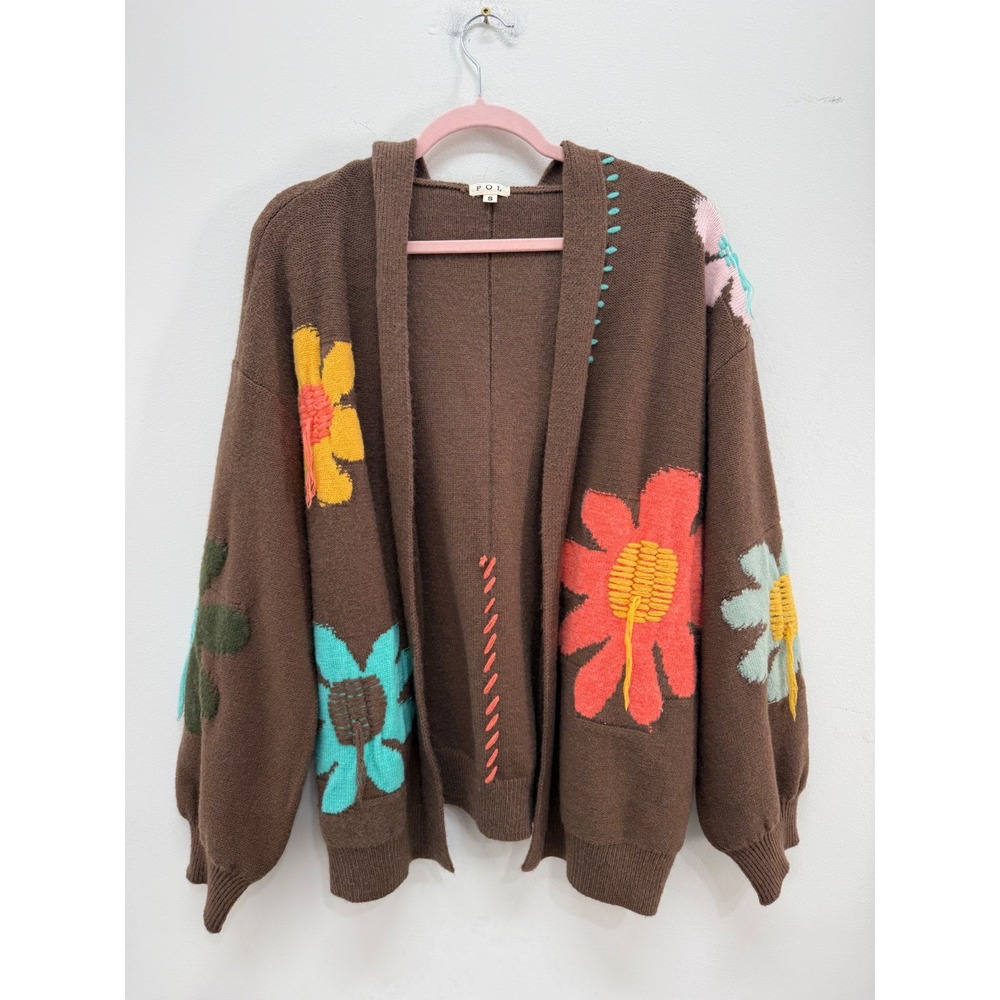 POL Cardigan Sweater Small Brown Floral Hooded Embroidered Open Front Oversized